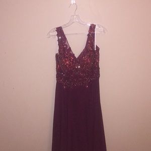 Floor length burgundy formal dress